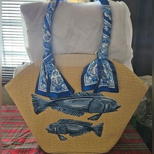Farm Rio Blue Garden Tiles Raffia Shell Tote